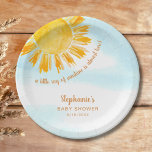 Yellow Sunshine Boho Baby Shower Paper Plate<br><div class="desc">These baby shower paper plates feature the text "A little ray of sunshine is almost here!" with a watercolor yellow sun and blue sky. Perfect for a gender-neutral baby shower. Easily customizable. Use the Design Tool to change the text size, style, or colour. Because we create our artwork you won't...</div>