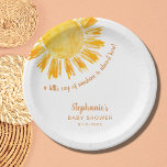 Yellow Sunshine Boho Baby Shower Paper Plate<br><div class="desc">These baby shower paper plates feature the text "A little ray of sunshine is almost here!" with a watercolor yellow sun. Perfect for a gender-neutral baby shower. Easily customizable. Use the Design Tool to change the text size, style, or colour. Because we create our artwork you won't find this exact...</div>