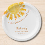 Yellow Sunshine Boho Baby Shower Paper Plate<br><div class="desc">These baby shower paper plates feature the text "A little ray of sunshine is almost here!" with a watercolor yellow sun. Perfect for a gender-neutral baby shower. Easily customizable. Use the Design Tool to change the text size, style, or colour. Because we create our artwork you won't find this exact...</div>