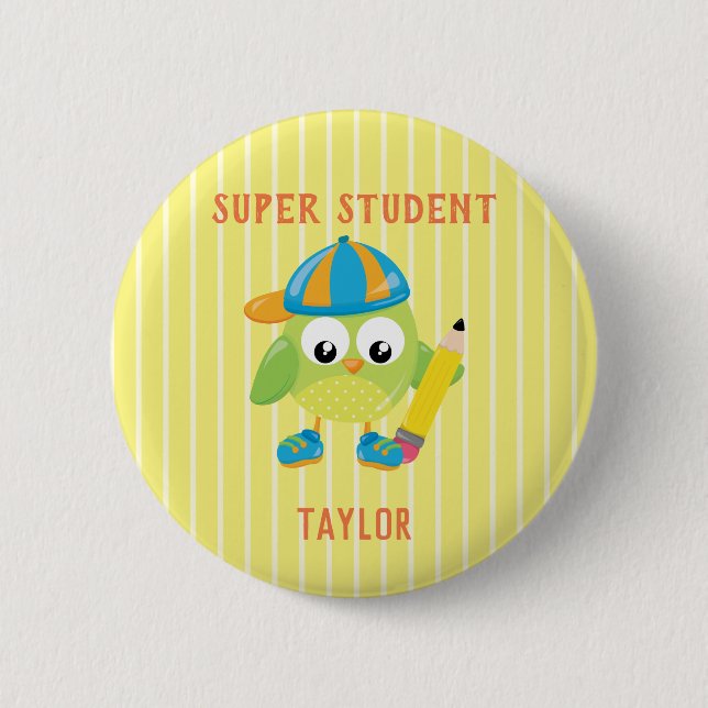 Yellow Super Student Owl reward 2 Inch Round Button (Front)