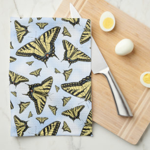 Yellow Swallowtail Butterflies on Blue Sky Pattern Kitchen Towel