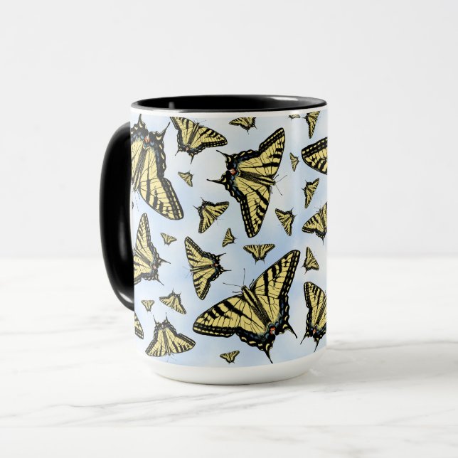 Yellow Swallowtail Butterflies on Blue Sky Pattern Mug (Front Left)