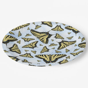 Yellow Swallowtail Butterflies Pattern on Blue Sky Paper Plate