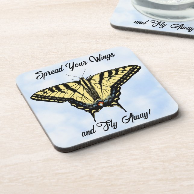 Yellow Swallowtail Butterfly Blue Sky Personalized Coaster (Left Side)