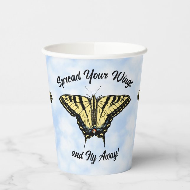 Yellow Swallowtail Butterfly Blue Sky Personalized Paper Cups (Left)