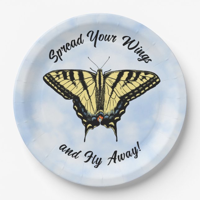 Yellow Swallowtail Butterfly Blue Sky Personalized Paper Plate (Front)