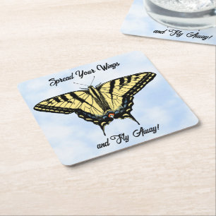 Yellow Swallowtail Butterfly Blue Sky Personalized Square Paper Coaster