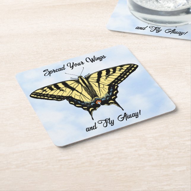 Yellow Swallowtail Butterfly Blue Sky Personalized Square Paper Coaster (Angled)
