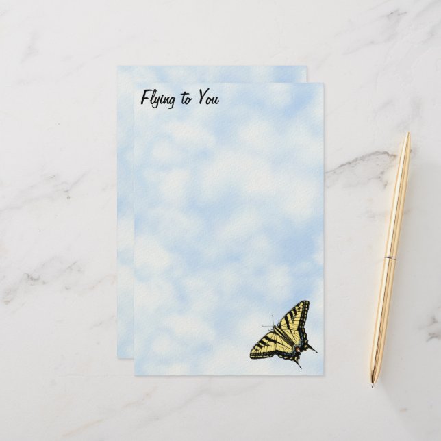 Yellow Swallowtail Butterfly Blue Sky Personalized Stationery (Front/Back In Situ)