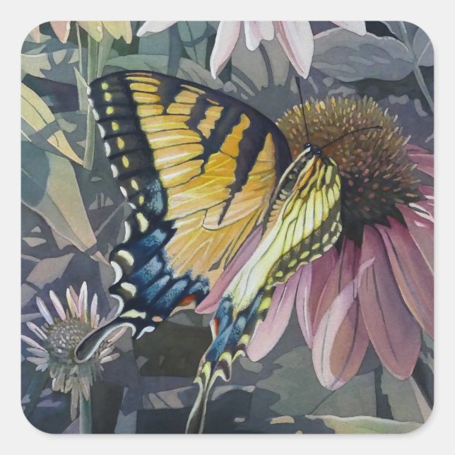 Yellow Swallowtail Butterfly Coneflower Watercolor Square Sticker (Front)