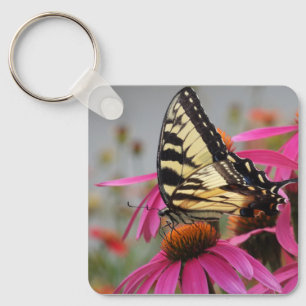 Yellow Swallowtail butterfly on Pink Echinacea Keychain