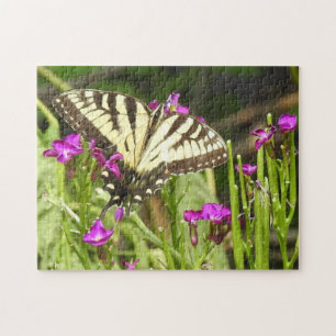 Yellow Swallowtail Butterfly Pink Flowers Jigsaw Puzzle