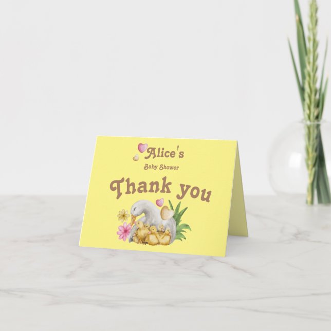 Yellow Sweet Duck Mommy & Babies Cute Baby Shower Thank You Card (Front)
