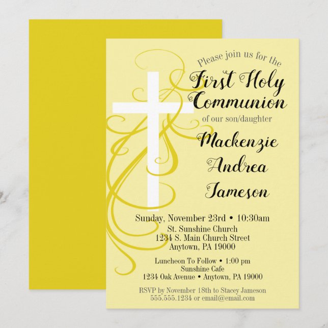 Yellow Swirl First Holy Communion Invitation (Front/Back)