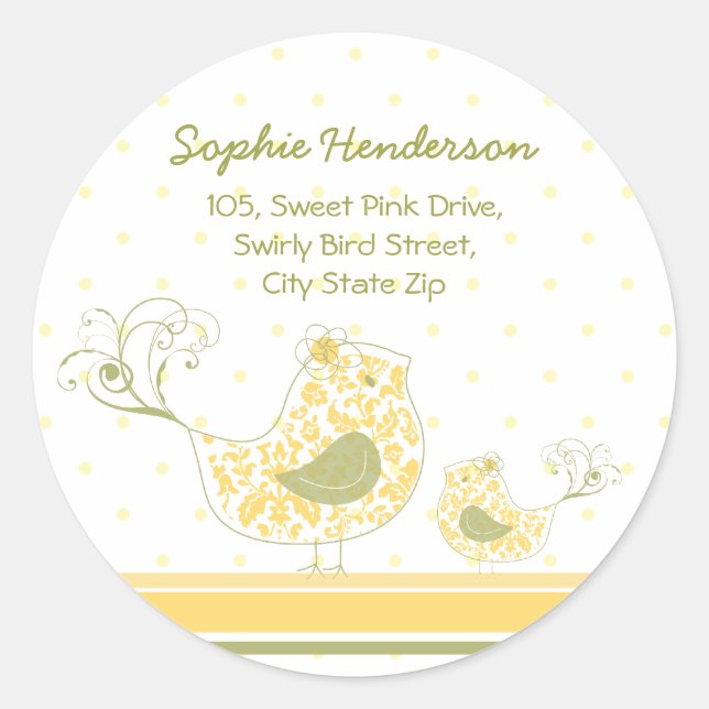 Yellow Swirly Mom Baby Bird Address Label Sticker (Front)