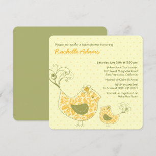 Yellow Swirly Mom & Baby Bird Baby Shower Invite