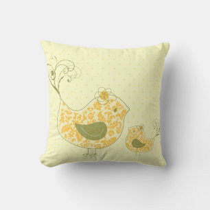Yellow Swirly Mom & Baby Bird Whimsical Damask Throw Pillow