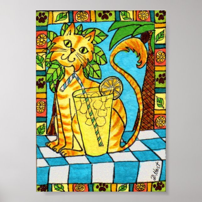 Yellow Tabby Cat & Glass of Lemonade Mini Folk Art Poster (Front)