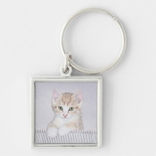 Yellow Tabby Kitten Painting - Original Cat Art Keychain