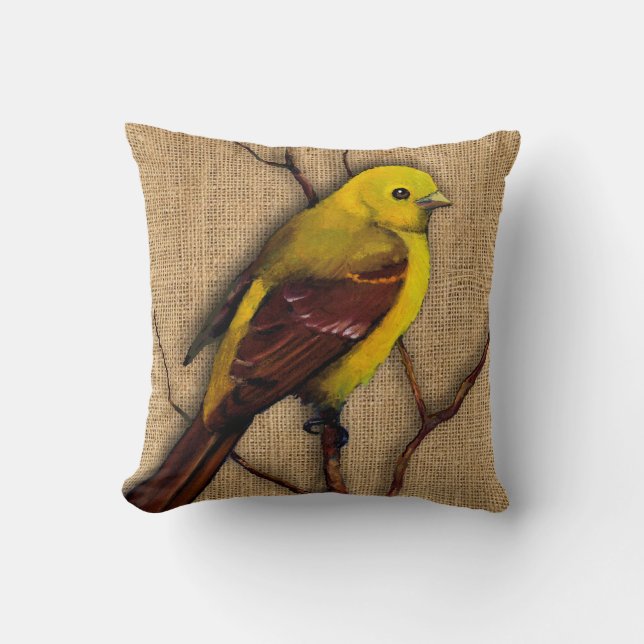 Yellow Tanager Bird on Burlap, Branches, Artwork Throw Pillow (Front)