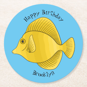 Yellow tang fish cartoon illustration  round paper coaster