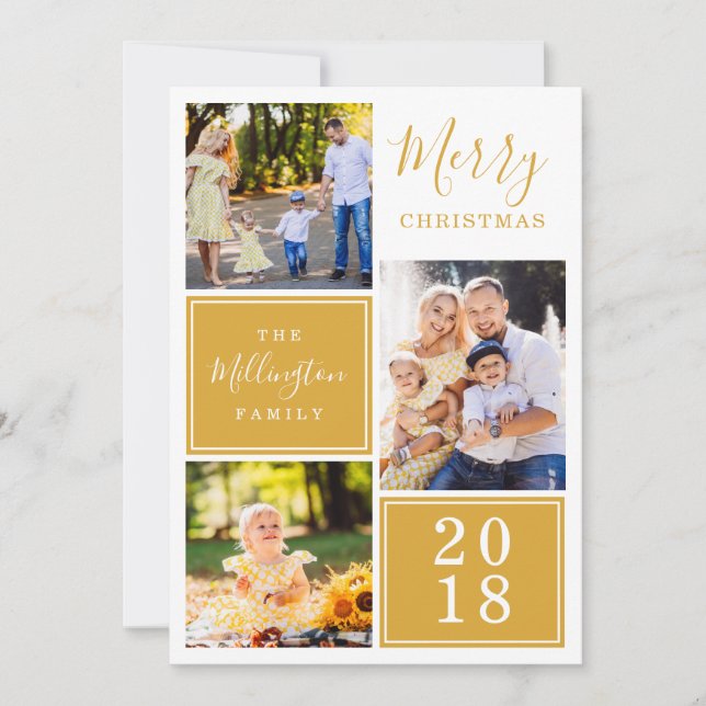 Yellow Tartan Plaid Photo Collage Merry Christmas Holiday Card (Front)