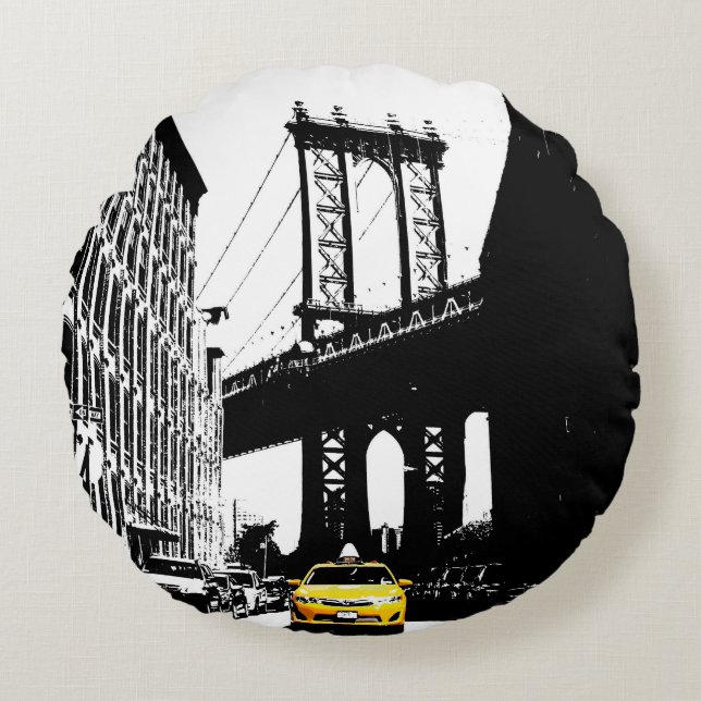 Yellow Taxi Brooklyn Nyc New York City Black Cross Round Pillow (Front)