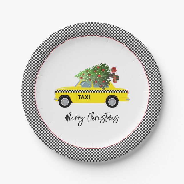 Yellow Taxi Cab Chequerboard Merry Christmas Tree  Paper Plate (Front)