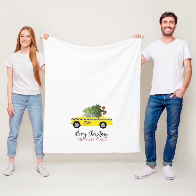 Yellow Taxi Cab Merry Christmas Tree FAMILY NAME  Fleece Blanket (In Situ)