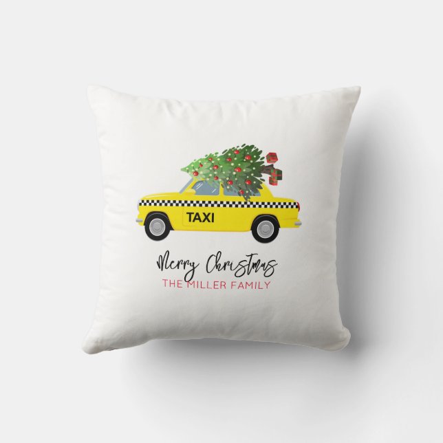 Yellow Taxi Cab MERRY CHRISTMAS Tree Family NAME Throw Pillow (Back)