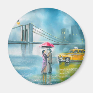 Yellow taxi couple rainy day romantic couple magnet