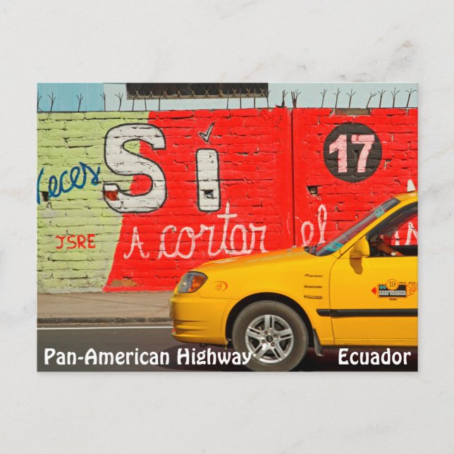 Yellow taxi & graffiti, Ecuador Postcard (Front)