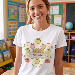 Yellow Teacher School Apple Pattern  T-Shirt