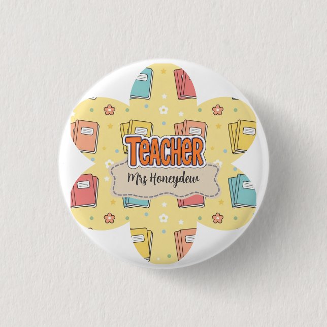 Yellow Teacher  School Book Pattern  1 Inch Round Button (Front)