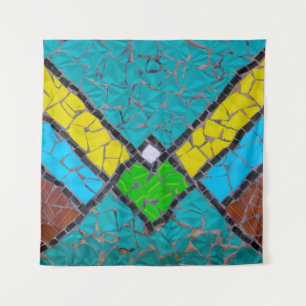Yellow, teal, and brown mosaic artwork tapestry