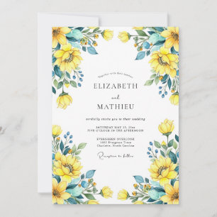 Yellow Teal Artistic Sunflower Wedding Invitation