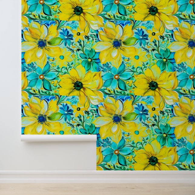 Yellow Teal Blue Floral Pattern Colourful Boho Chi Wallpaper (Application)
