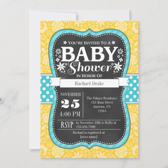 Yellow Teal Chalkboard Floral Baby Shower Invite (Front)