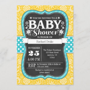 Yellow Teal Chalkboard Floral Baby Shower Invite
