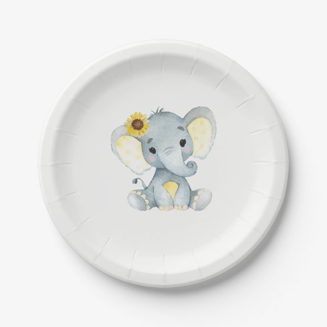 Yellow Teal Elephant Plate 4 Baby Shower, Birthday (Front)
