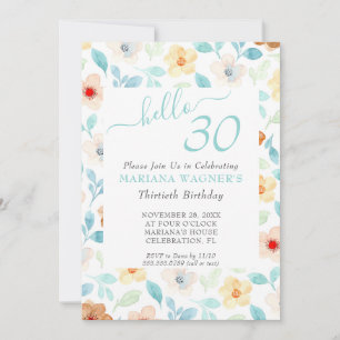 Yellow Teal Floral Elegant Script 30th Birthday Invitation