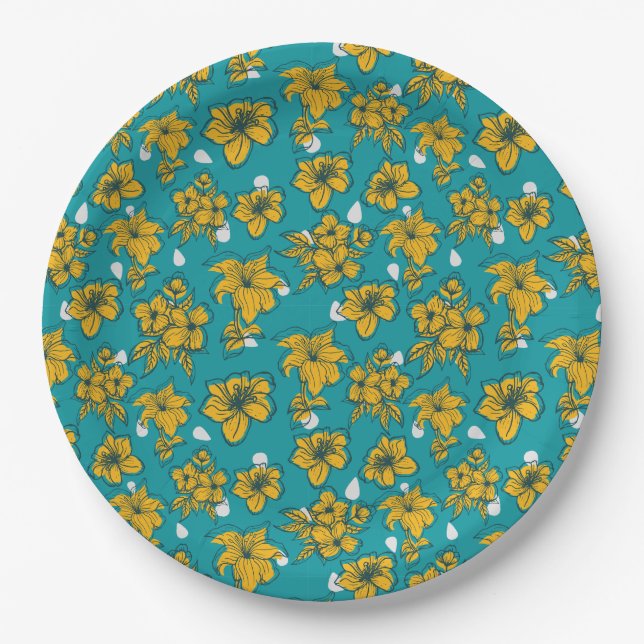 Yellow Teal Flowers Pattern Paper Plate (Front)