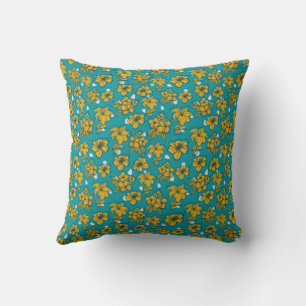 Yellow Teal Flowers Pattern Throw Pillow