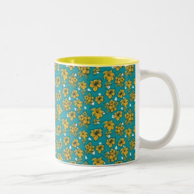 Yellow Teal Flowers Pattern Two-Tone Coffee Mug (Right)