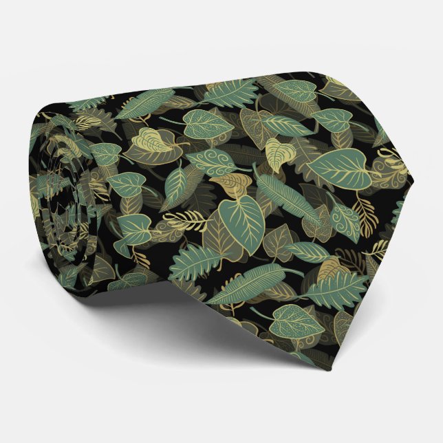 Yellow & Teal Green Autumn Fall  Leaves Pattern Tie (Rolled)