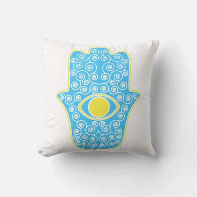 Yellow Teal Hamsa-Hand of Miriam-Hand of Fatima.pn Throw Pillow (Front)
