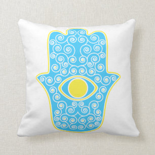 Yellow Teal Hamsa-Hand of Miriam-Hand of Fatima.pn Throw Pillow