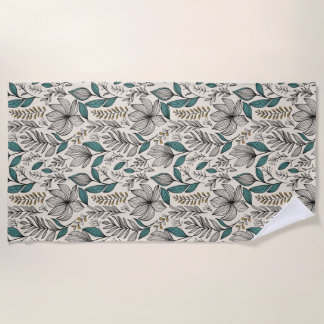 Yellow-Teal Hand Drawn Floral Beach Towel