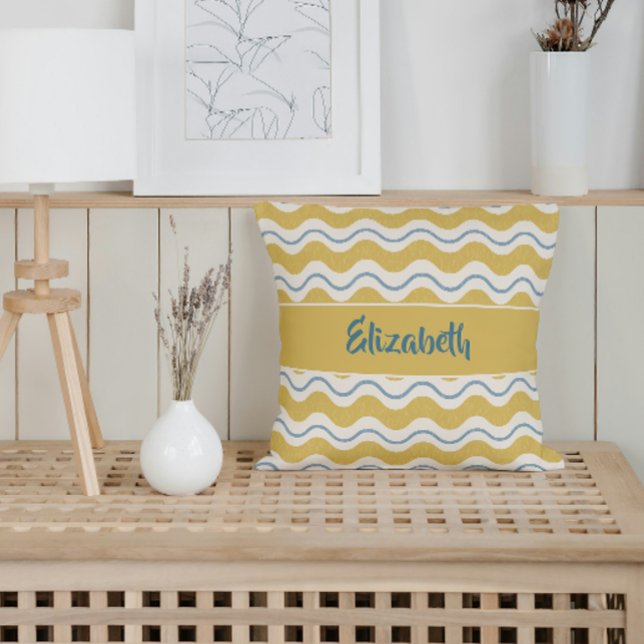Yellow & Teal Nautical Waves Personalized Coastal Throw Pillow (Yellow and Blue Nautical Waves Coastal Decor Theme Throw Pillow)
