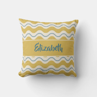 Yellow & Teal Nautical Waves Personalized Coastal Throw Pillow